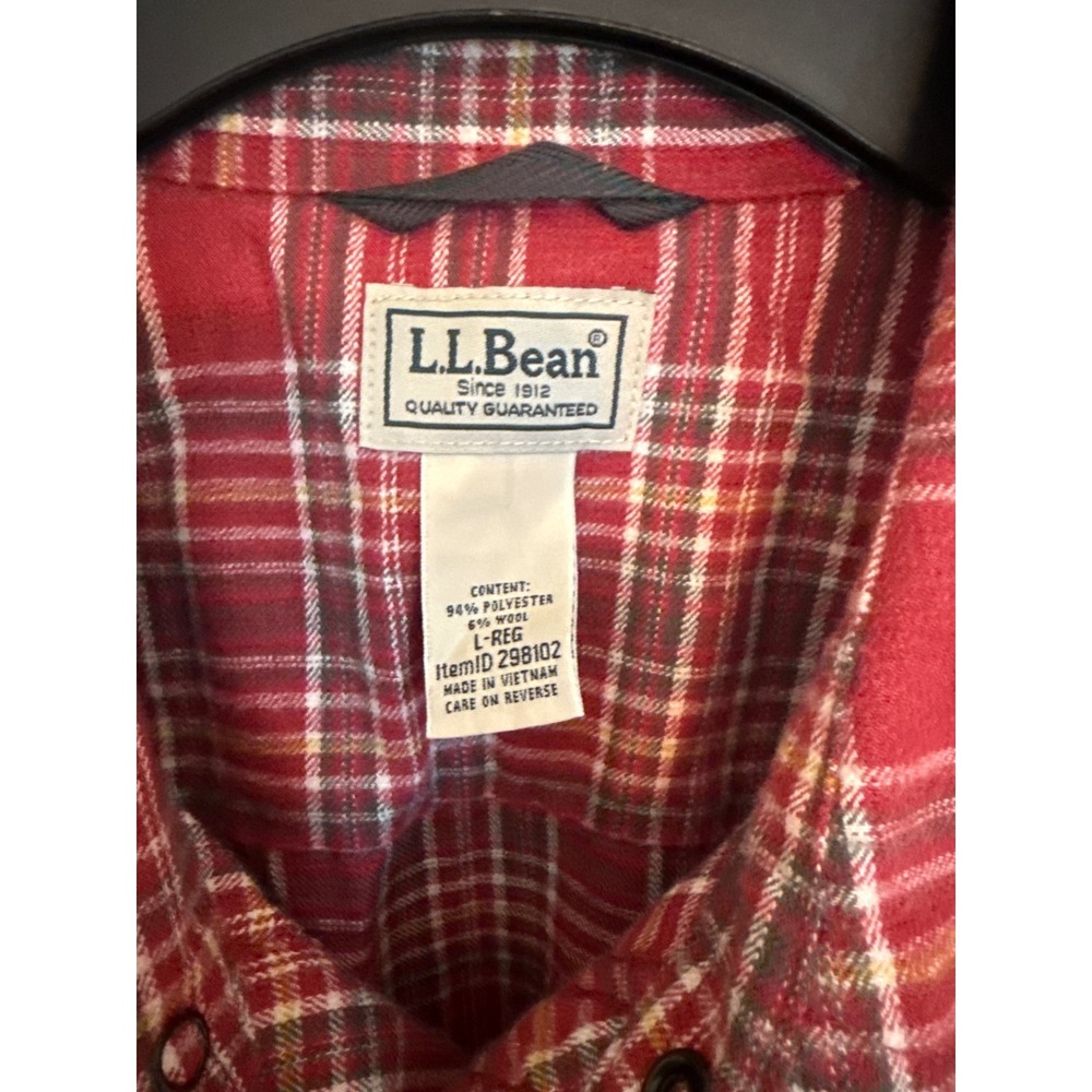 LL Bean Mens Red Plaid Flannel Snap Front Shirt Wool Blend Large L-REG 298102 - Picture 2 of 8